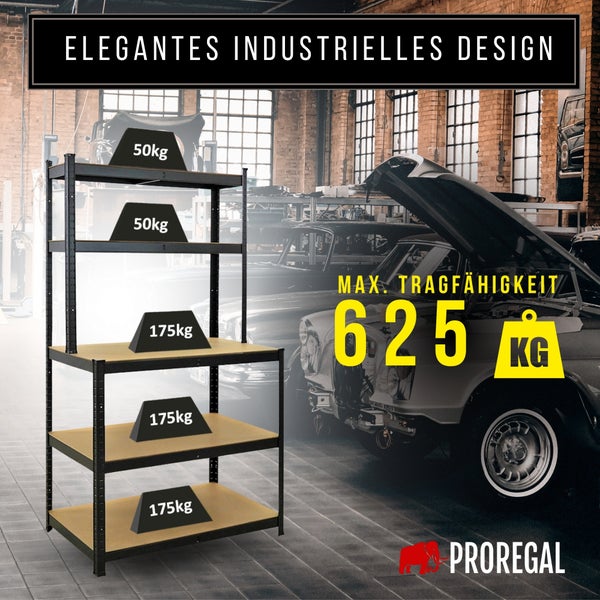 Proregal Schwerlastregal im Industriedesign mit fünf Böden und einer Gesamttraglast von 625 Kilogramm in einer Werkstatt. Proregal Logo.