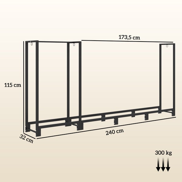 Outsunny Kaminholzregal, mit zwei Abschnitte, drei Haken, für Outdoor, Indoor, bis 300 kg, 240 x 32 x 115 cm, Stahl, Schwarz