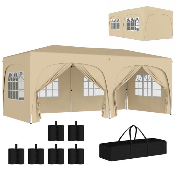 Outsunny Pavillon ca. 3x6m, wasserabweisend Stabil Winterfest Pop-up Faltpavillon, UV Schutz 50+, Faltbar Partyzelt Gartenzelt mit 6 Seitenteilen Tasche Gartenpavillon für Camping Garten, Sand