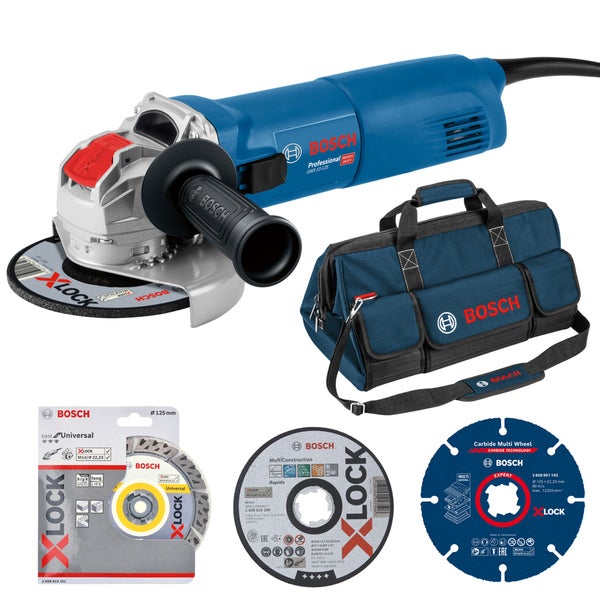 Bosch Professional Winkelschleifer GWX 10-125 mit X-LOCK System, Werkzeugtasche und drei verschiedenen Trennscheiben im Set