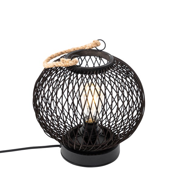 Schwarze kugelförmige Tischleuchte im Gitterdesign mit Seilgriff und sichtbarem Leuchtmittel.