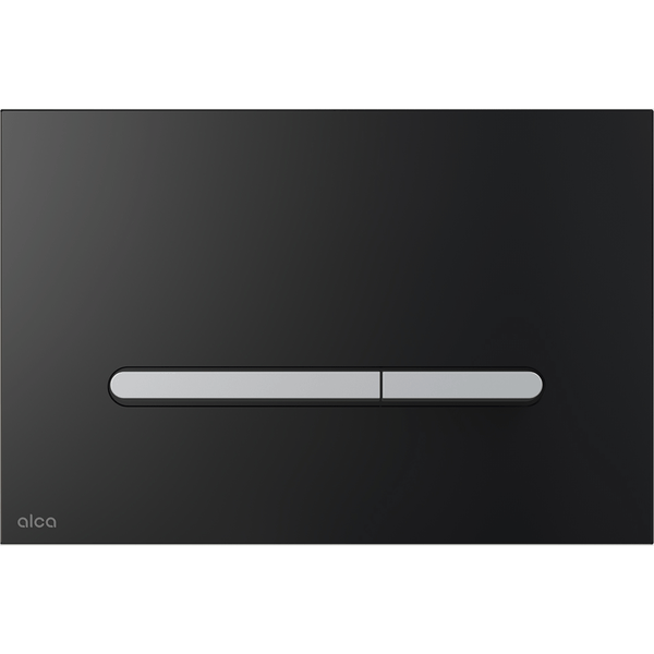Alca Betätigungsplatte für Zwei-Mengen-Spülung in Schwarz matt mit horizontalen silbernen Tasten.