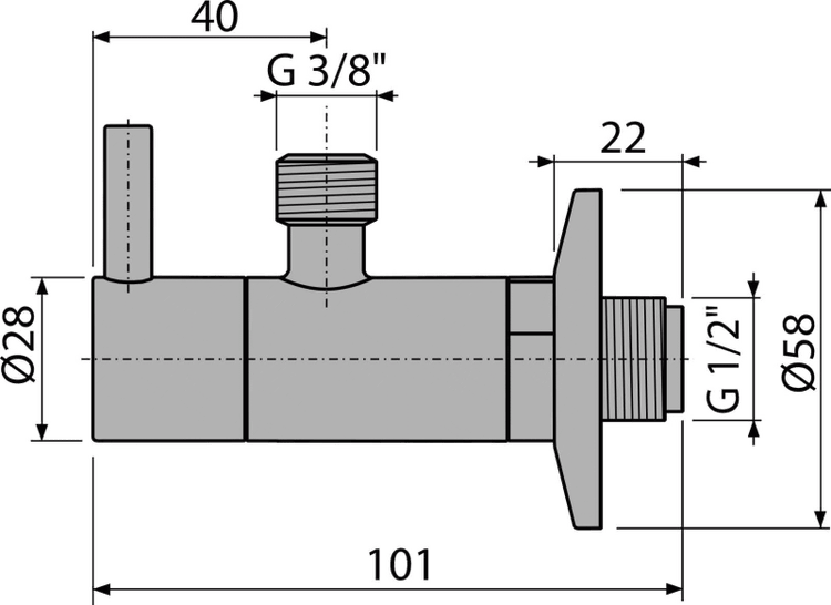 Maßzeichnung eines Eckventils mit Abmessungen in Millimetern und Gewindegrößen in Zoll.