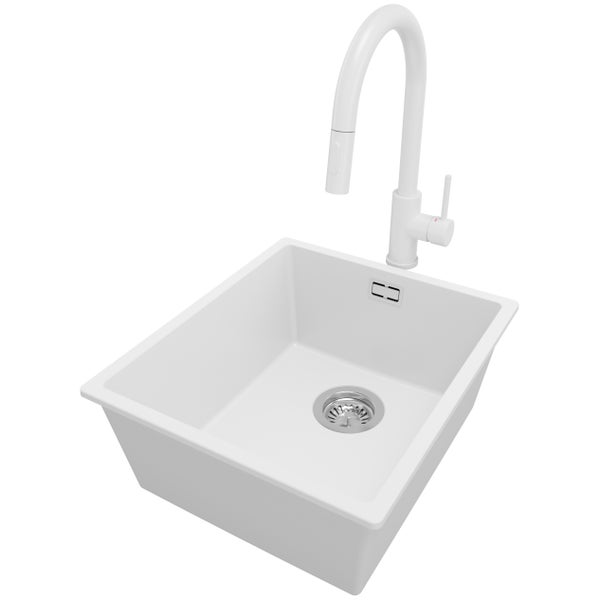 PRIMAGRAN Unterbauspüle Granit Weiß 41x47cm, Spülbecken 1 Becken + Küchenarmatur 40x20cm + Ablauf-Set, Granitspüle ab 45er Unterschrank - London