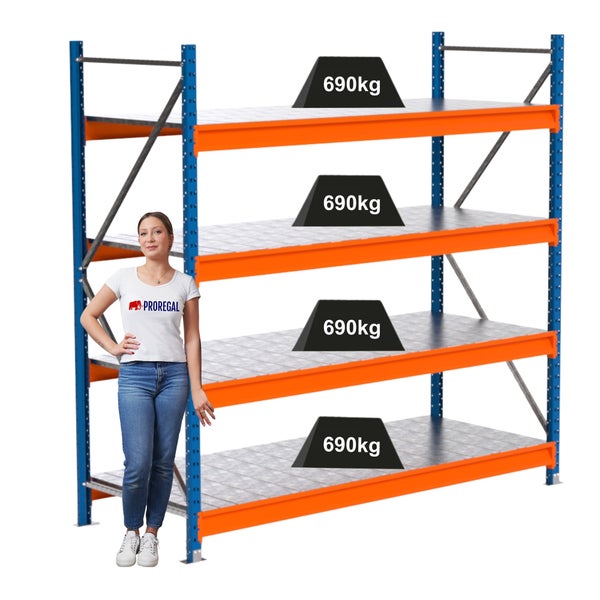 Lagerregal mit vier Ebenen und einer Traglast von 690 kg pro Ebene.