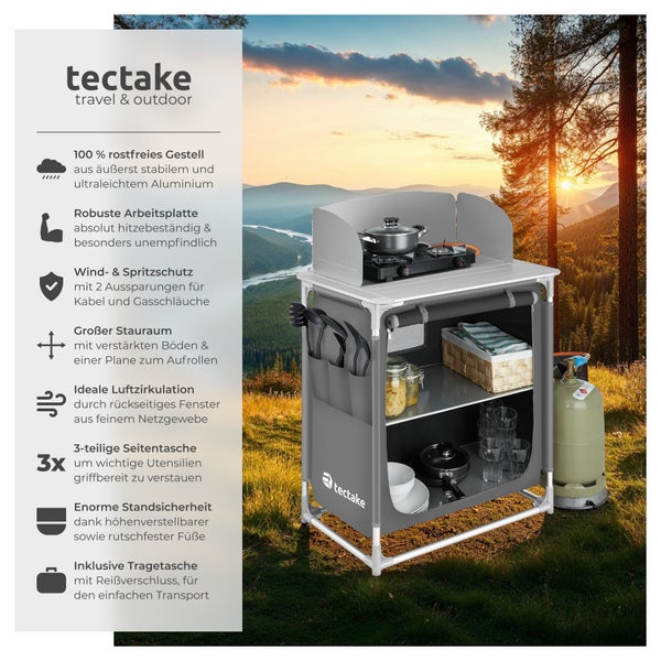 Campingküche Premium mit 2 Fächern tectake  76 x 53,5 x 107 cm faltbar grau
