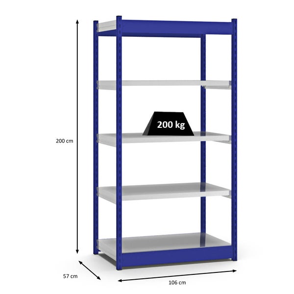 PROREGAL Fachbodenregal Stecksystem Vierkant-Profil Grundregal HxBxT 200 x 102,5 x 50 cm 5 Ebenen Einseitige Bauart Fachlast 200 kg Enzianblau