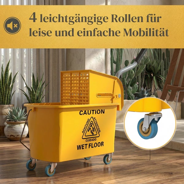 Wischmop Eimer mit Presse und vier leichtgängigen Rollen für einfache Mobilität zur Bodenreinigung in Innenbereichen.