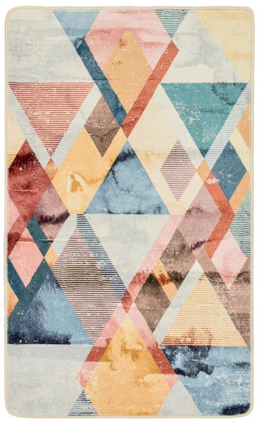 Rechteckiger Teppich mit modernem geometrischem Muster aus überlappenden Dreiecken und Rauten in Blau, Orange, Rosa und Grau mit Vintage Effekt.