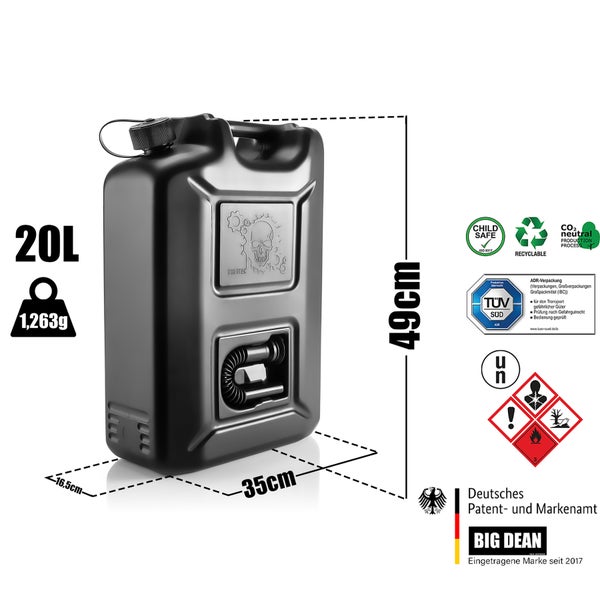 BigDean Kraftstoffkanister 20 L Black Edition - Benzinkanister Kraftstoff Kanister mit UN-Zulassung für Diesel & Benzin