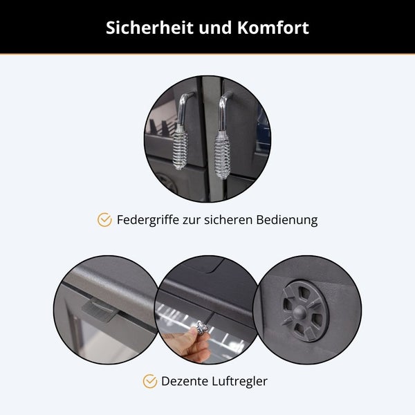 Detailansicht eines Kaminofens mit Federgriffen zur sicheren Bedienung und verschiedenen dezenten Luftreglern.