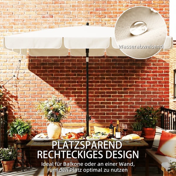 Rechteckiger Balkonschirm über einem Esstisch auf einer Terrasse mit wasserabweisendem Stoff und platzsparendem Design für die Wandmontage.