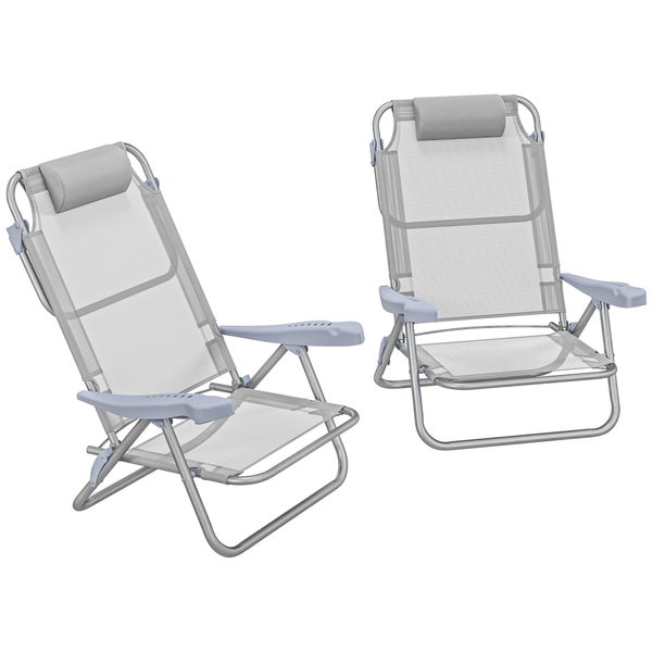 Zwei klappbare Strandstühle mit Aluminiumrahmen, Textilene-Gewebe und Kopfpolster.