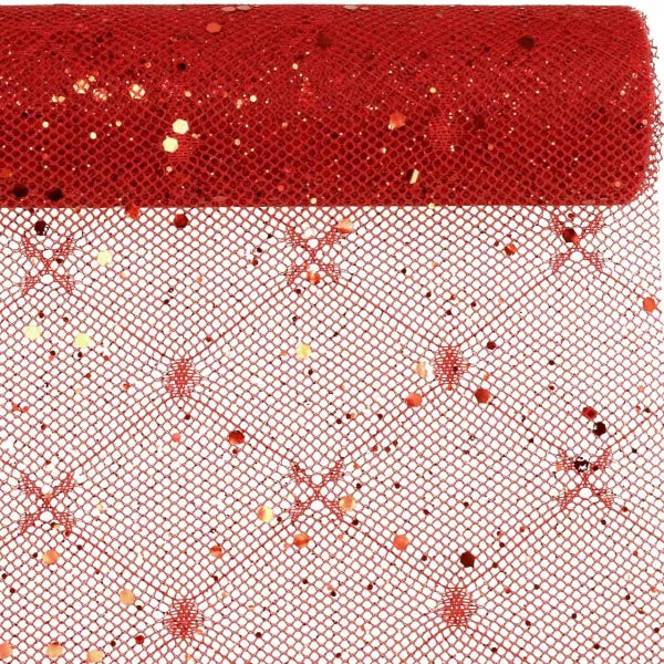 Rote Dekonetz-Rolle mit Glitzer und Sternenmuster für Dekorationen.