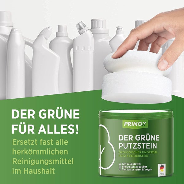 PRINOX® Der Grüne Putzstein 950g inkl. Handschwamm Nachhaltiger Universal Allzweckreiniger Jahresvorrat je Dose Öko Reiniger für Küche, Bad, Fenster, Sneaker, Ceranfeld, WC Made in DE