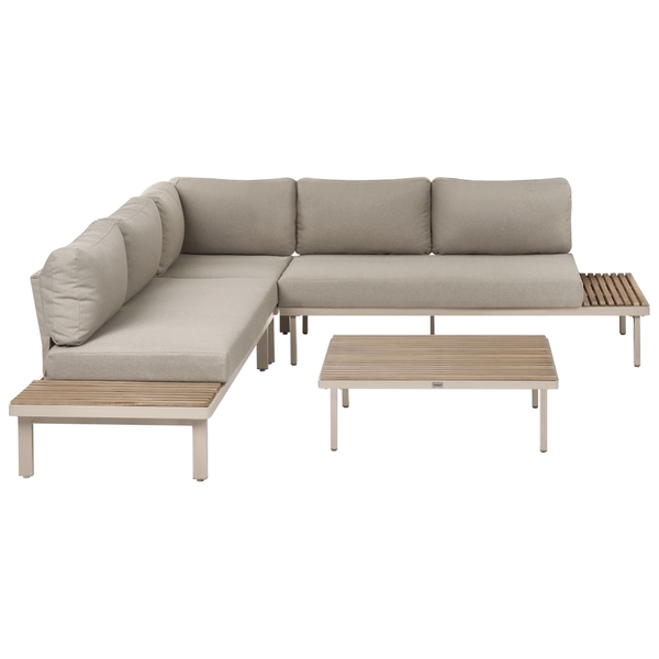 Ecksofa mit integrierten Ablageflächen und passendem Loungetisch für den Außenbereich