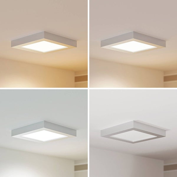 Quadratische LED Deckenleuchte in vier verschiedenen Farbtemperaturen von Warmweiß bis Tageslichtweiß.