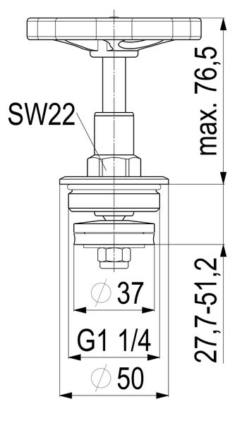 Technische Zeichnung: Höhe maximal 76,5, Bereich 27,7 bis 51,2, Schlüsselweite 22, Durchmesser 37 und 50, Gewinde G 1 1/4, alle Maße in Millimetern.