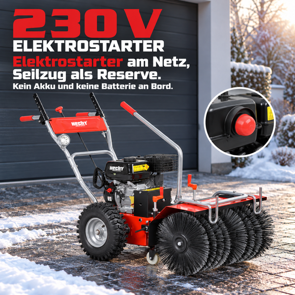 Hecht Kehrmaschine mit 230 Volt Elektrostarter und Seilzug, ideal für die Schneeräumung im Winter, inklusive Detailansicht des Starters.