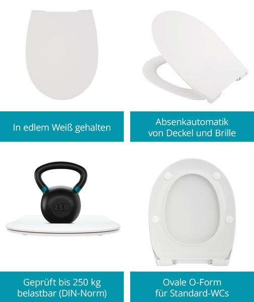 Toilettensitz mit Absenkautomatik, 250 Kilogramm Tragkraft und ovaler Form für Standard WCs
