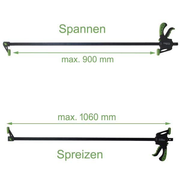 Darstellung einer Einhandzwinge mit maximaler Spannweite von 900 mm und maximaler Spreizweite von 1060 mm.