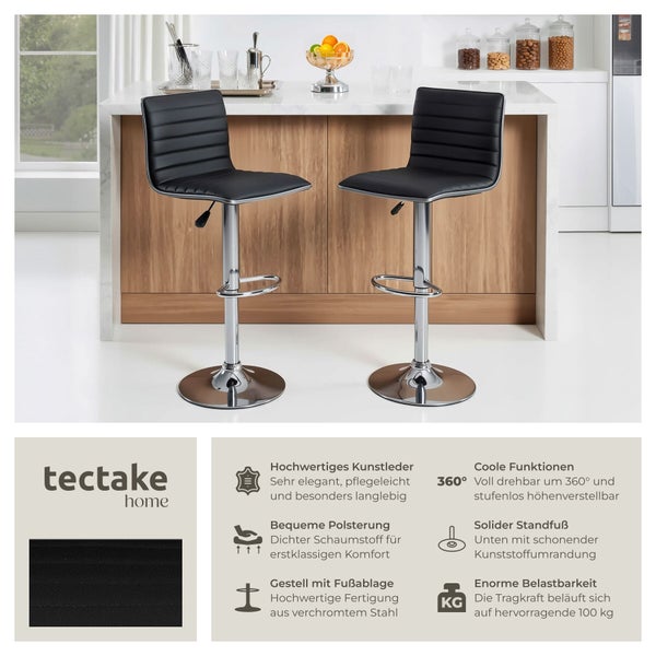 Zwei schwarze tectake home Barhocker, Kunstleder, verchromt, höhenverstellbar, 360 Grad drehbar, 100 Kilogramm Belastbarkeit, tectake home Logo.