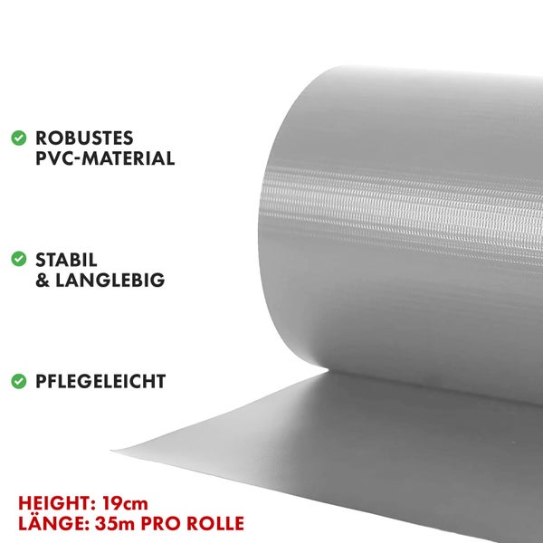 FLOORDIREKT PVC Sichtschutzstreifen 19 cm x 35 m für Gartenzäune Blickdicht Grau