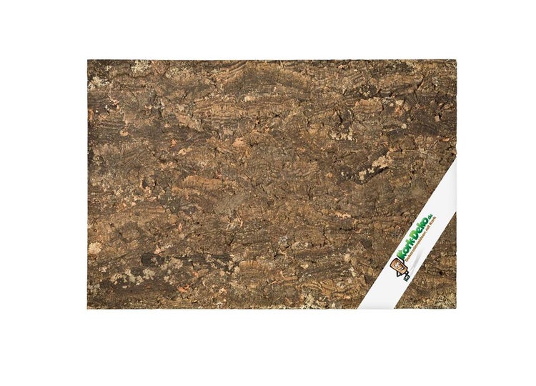 Naturkork-Rinde, rechteckige Platte mit strukturierter Oberfläche, Kork-Deko Logo.