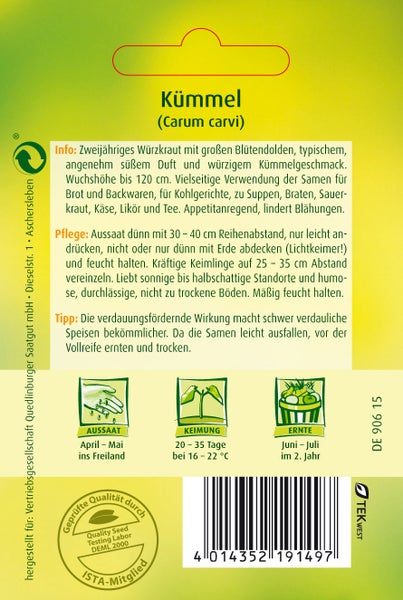 Rückseite Samenpackung Kümmel Carum carvi mit Infos zu Aussaat April bis Mai, Keimung 20 bis 35 Tage und Ernte Juni bis Juli im zweiten Jahr.