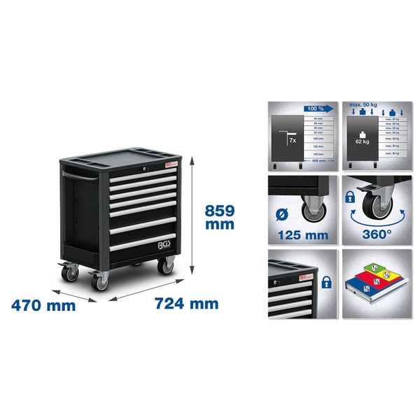 Werkzeugwagen mit sieben Schubladen und Größenangaben