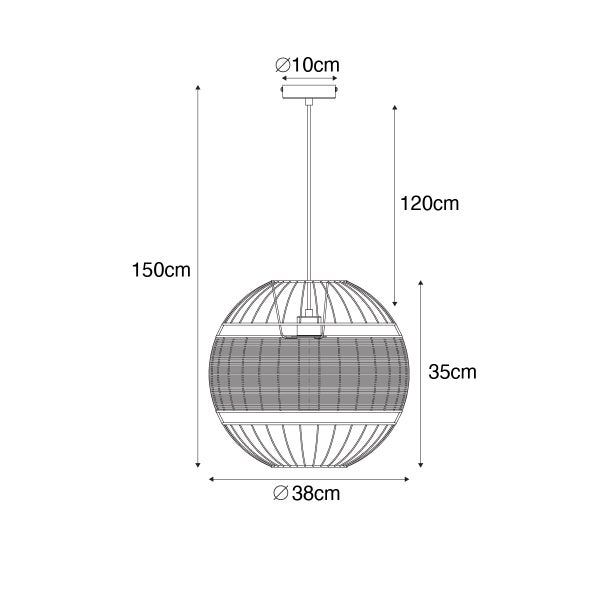 Technische Zeichnung einer Pendelleuchte mit den Maßen 38 cm Durchmesser, 35 cm Höhe und 150 cm Gesamthöhe.