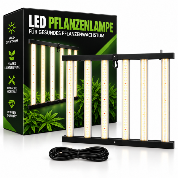 LED Pflanzenlampe mit Vollspektrum für gesundes Pflanzenwachstum in der Verpackung mit Stromkabel.