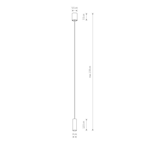 Technische Zeichnung einer Hängeleuchte mit den Maßen maximal 133 cm Länge, 5,5 cm Durchmesser oben, 4 cm Durchmesser unten