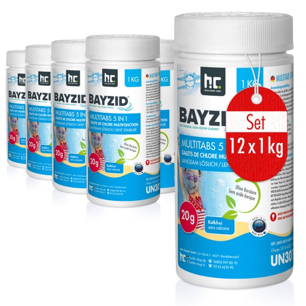 Set mit zwölf Behältern Bayzid Multitabs 5 in 1, langsam lösliche Chlortabletten