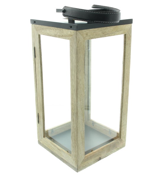 FRANK FLECHTWAREN|Laterne Modern Chic, groß, 20,5 x 20,5 x 55 cm, MANGOHOLZ, METALL, KUNSTLEDER, GLAS