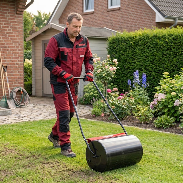 Ein Mann benutzt eine Gartenwalze zur Rasenpflege in einem Garten.