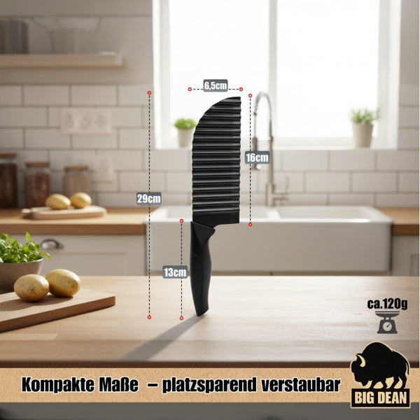 Wellenmesser von Big Dean zur Dekoration von Obst und Gemüse mit Maßangaben von 29 Zentimeter Gesamtlänge und 120 Gramm Gewicht.