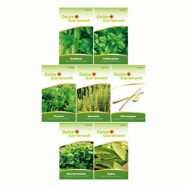 Sieben Samentüten der Marke Deine Gartenwelt mit Basilikum, Pfefferminze, Thymian, Rosmarin, Zitronengras, Zitronenmelisse und Salbei.