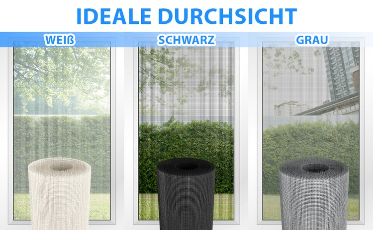 Insektenschutzgewebe im Vergleich der Durchsicht in den Farben Weiß, Schwarz und Grau.