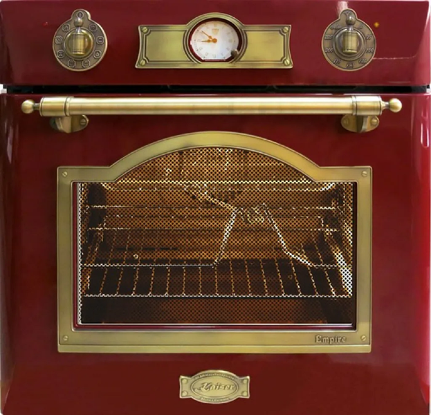 Einbau Backofen im Vintage Design mit analoger Uhr und Drehknöpfen aus Metall für den Einbau in die Küchenzeile.