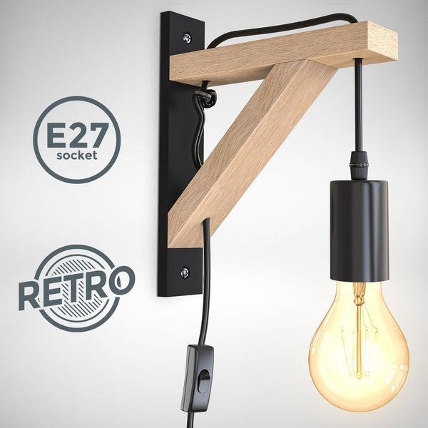 Wandleuchte - retro, schalter, mit Stecker, E27 Fassung, schwarz