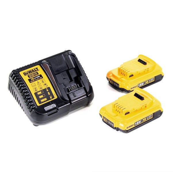 DeWalt Ladegerät DCB115 und zwei 18 Volt XR Lithium-Ionen Akkus mit 2,0 Amperestunden in Gelb und Schwarz.