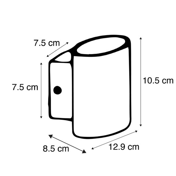 Maßzeichnung Wandleuchte: Höhe 10,5 Zentimeter, Breite 12,9 Zentimeter, Tiefe 8,5 Zentimeter, Halterung 7,5 mal 7,5 Zentimeter.