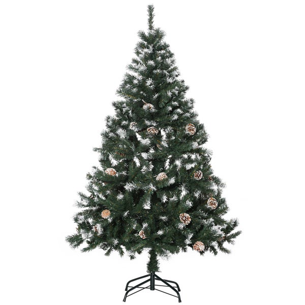 Künstlicher Weihnachtsbaum mit beschneiten Zweigen, Tannenzapfen und schwarzem Metallständer.