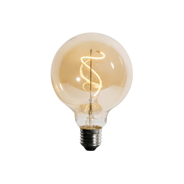 LED-Filament-Leuchtmittel in Globusform mit spiralförmigem Glühfaden, E27-Sockel und goldfarbenem Glas.