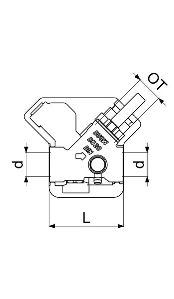 Technische Zeichnung einer Sanitärarmatur mit Nennweite 20, den Maßen L, d und OT sowie Markierungen für deutsche Industrienormen.
