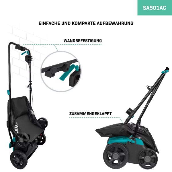 VONROC Vertikutierer Elektro - Rasenbelüfter 1300W - Einstellbare Schnitttiefe, Klappbar, inklusive 35 Liter Fangkorb