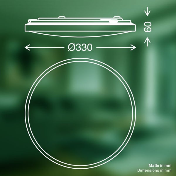 Technische Zeichnung mit Maßangaben Durchmesser 330 mm und Höhe 60 mm