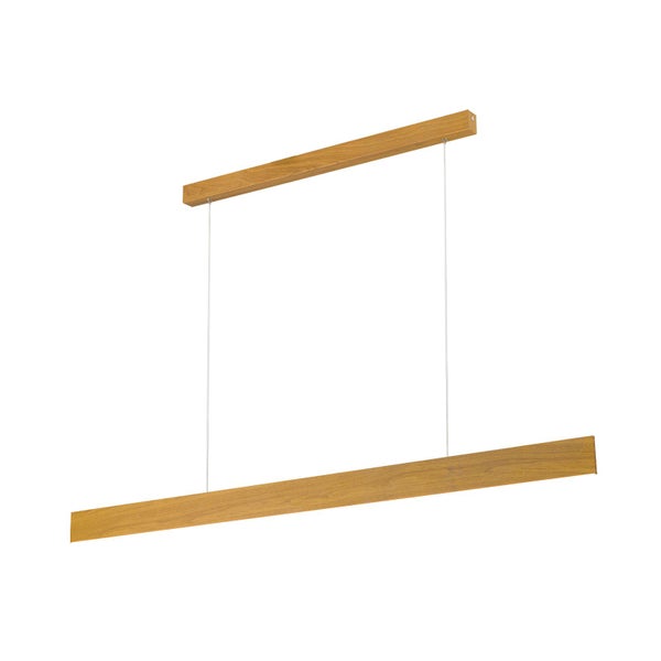 Moderne Pendelleuchte aus Holz mit schlankem Design und zwei Drahtseilaufhängungen