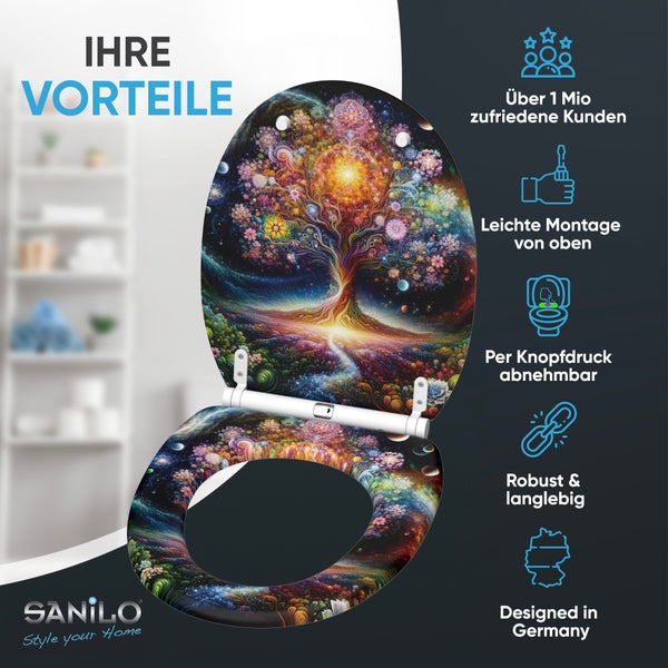 Sanilo Toilettensitz mit kunstvollem Baum Motiv, einfache Montage von oben, abnehmbar per Knopfdruck, robust und langlebig.